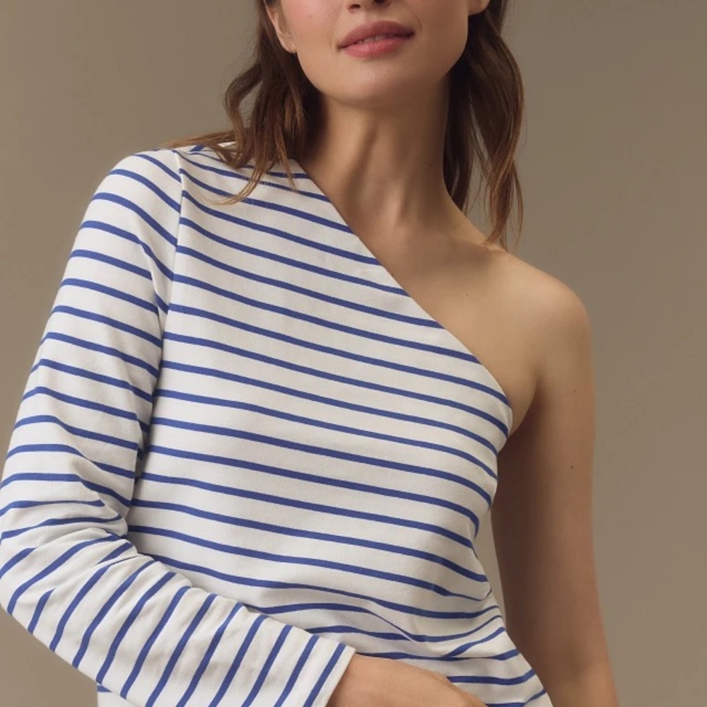 NWT Grey Lab Blue White Stripe One Shoulder Long Sleeve Top Shirt Anthropologie